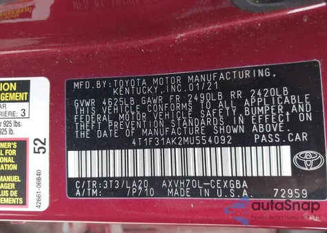 2021 Toyota Camry Xle Hybrid from USA, damaged, VIN 4T1F31AK2MU554092
